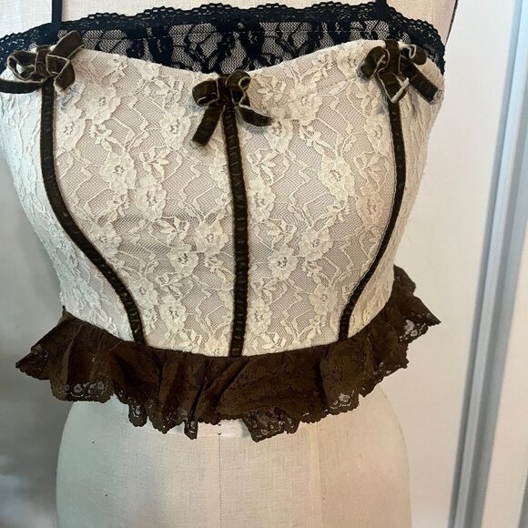 CORSETLYF Cream, Brown and Back Lace Corset Top with Velvet Bows Size Medium - Picture 2 of 8